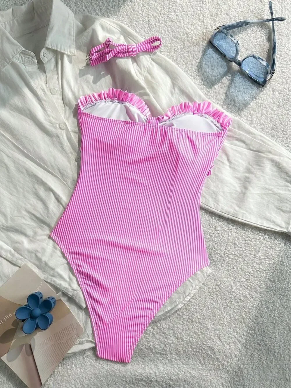 Pink Casual Women's Sexy Striped Lace Ruffle Bust Bow One-Piece Swimsuit
